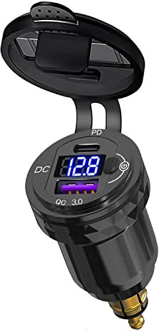 Conector DIN a USB 3.0 + adaptador USB C PD 20 W con voltímetro y botón interruptor cargador tipo C USB macho para motocicletas de 12 V-24 V Ducati, Triumph, BMW de estilo europeo (negro)