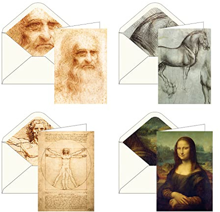 RainCaper Fine Art Keepsake 5x7 Blank Stationery da Vinci Greeting Note Cards With Decorative Envelopes, Gift Boxed Set of 16 | 300 GSM Cardstock (da Vinci Favorites)