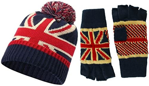Union Jack Bommelmütze mit passenden fingerlosen Handschuhen (2 Stück), Navy, One size