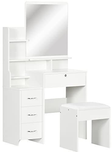 HOMCOM Tocador de Maquillaje con Taburete y Espejo Mesa de Maquillaje con 4 Cajones 4 Compartimientos de Almacenamiento Estilo Moderno 80x38x143 cm Blanco