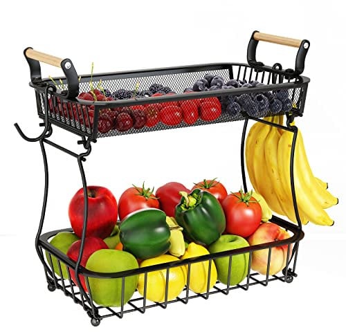 ANTOPY 2 Tier Fruit Basket with Banana Hangers, Countertop Vegetable Bowl for Kitchen Counter Metal Mesh Fruits Stand Holder Organizer Onion Potato Bread Snack Veggie, Black