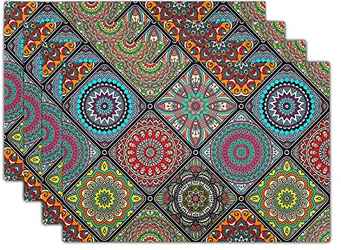 Giwawa Boho Mandala Tischsets, mexikanisches ethnisches traditionelles Muster mit geometrischen Karos, böhmische Blume waschbare Leinen Tisch Platzsets 4er Set für Esszimmer Küche Party, 30.5x45.7 cm