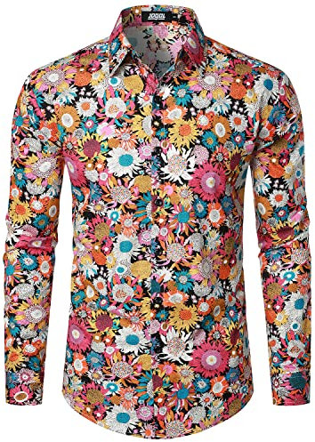 JOGAL Mens Regular fit Floral Dress Shirt Long Sleeve Printed Casual Button Down Shirts Black Daisy X-Large