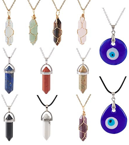 PandaHall Bullet Shape Gemstone Pendants Wire Wrapped Pointed Crystal Quartz Stone Pendant Lampwork Evil Eye Charms for Necklace Jewelry Making