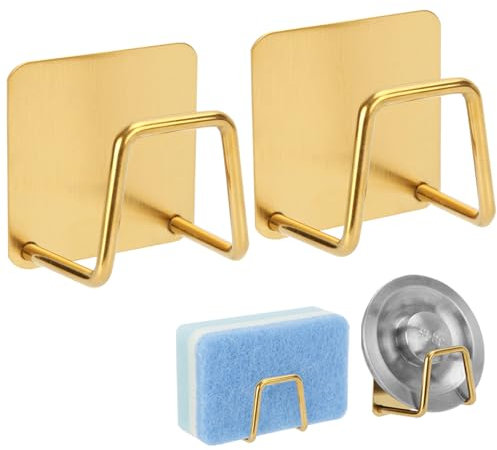 Blueden Lot de 2 porte-éponges adhésifs pour évier de cuisine, porte-savon en acier inoxydable, antirouille et imperméable, séchage rapide, taille minimale pour économiser de l'espace, doré