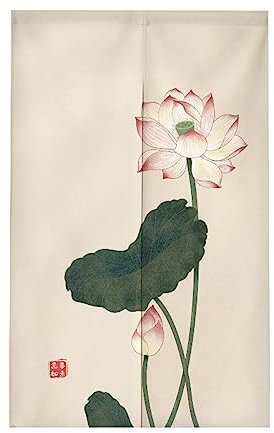 Surwin Japanese Noren Doorway Curtain Cotton Linen China Traditional Door Curtain Window Treatment Tapestry for Decorative Bistro Kitchen Partition Shading Home (85x180cm,Lotus leaf)