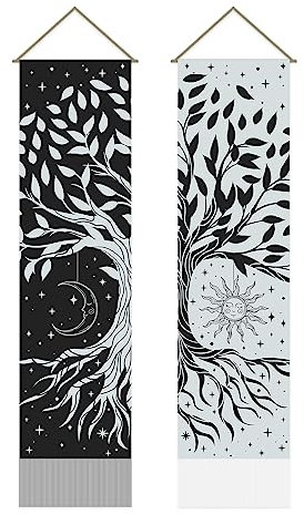AHANDMAKER 2 Stück Baum des Lebens Wandbehang, Schwarz und Weiß, Tapisserie Sonne, Mond, Stern, Wandkunst für Wohnzimmer und Schlafzimmer (130 x 33 cm)