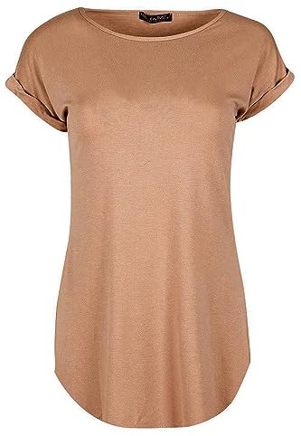 Ladies Curved Hem Jersey Plain Top Womans Round Neck Turn Up Cap Sleeve T Shirt (16, Mocha)