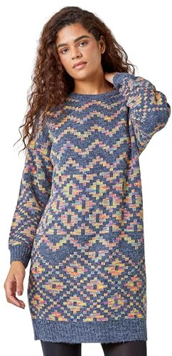 Roman Thick Jumper Dress for Women UK Ladies Fairisle Aztec Knitted Knit Sweater Knitwear Autumn Winter Holiday Round Neck Long Sleeve Soft Knee Length Sweat Warm Thick - Grey - Size 20