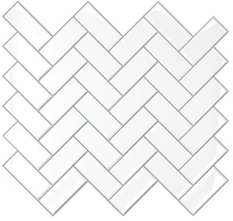 VEELIKE White Herringbone Wall Tiles Self Adhesive 3D Tile Stickers Bathroom 6 Pieces Stick on Tiles for Kitchen Peel and Stick Backsplash Laundry Room Waterproof Renter Friendly Decor 30.5cm × 30.5cm