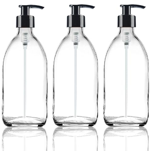 Fam Organic 300ml Clear Glass Bottle with Plastic Pump Refillable Soap Dispenser for Lotion, shampoo, conditioner, Body wash, Hand Wash. BPA Free - Eco Friendly (Clear 300ml - Black Pump - Pack of 3)