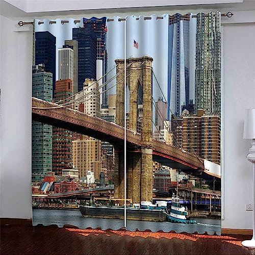 3D Scheibengardinen Vorhänge Wohnzimmer Brückenstadt New York Blickdichte Vorhänge Gardinen Blickdicht Vorhänge Vorhang Verdunkelung Gardinen Wohnzimmer Schlafzimmer 2Er Set, 140 X 160 cm -6P6M+K9C