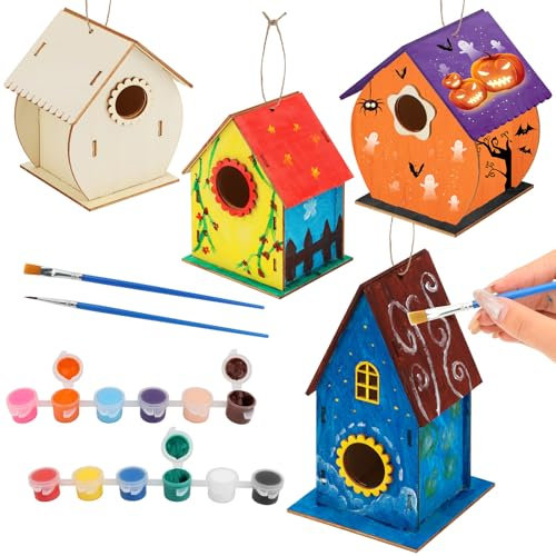 4 Pièce Kit de Maison D'oiseau Bricolage Enfants, Construire Maison Oiseau en Bois Kit, Maison D'oiseau Peindre Jouet Kit, avec Peintures et Pinceaux, Cadeau pour Enfants Garçons Filles