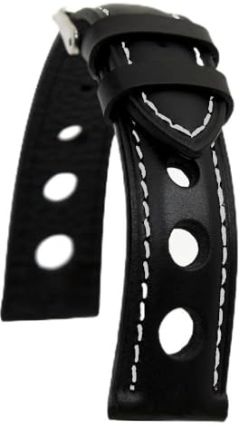 AIMVALUE Rallye-Racing-Uhrenarmband aus schwarzem Leder mit weißen Nähten, 18 mm, 20 mm, 22 mm, 24 mm, perforiert, Vintage-Stil, gepolstert, für Herren
