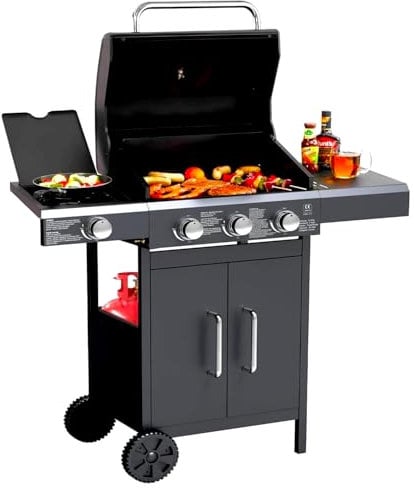 Avilia Barbecue a Gas GPL con 3 Fuochi e Fornello Laterale - Griglia in Acciaio con Piastra in Ghisa - BBQ con Termometro Integrato – Ideale per Giardino e Balcone, con Ruote per Facile Spostamento