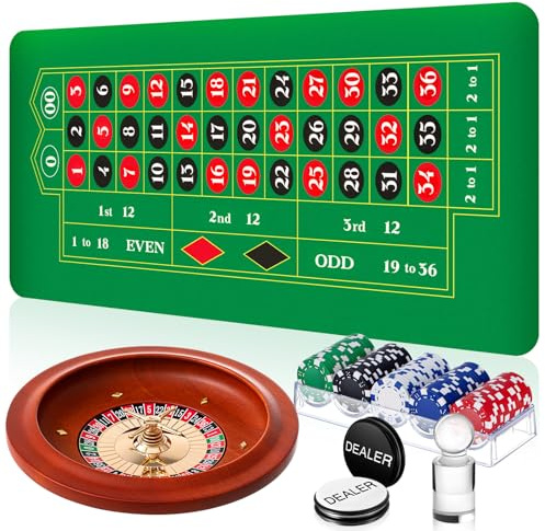 Lunmon Roulette-Rad Spiel-Set beinhaltet 27,9 cm Massivholz-Roulette-Rad, 88,9 x 40,6 cm, Gummi, tragbare Roulette-Tisch-Layout-Matte, 100 Chips, Roulette-Marker, Dealer-Taste
