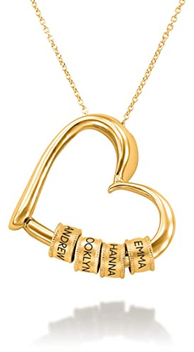 MYKA Personalisierbare, charmante Herz-Halskette mit gravierten Perlen – Diamant-Optionen – individueller Schmuck für Sie, Frauen – zierliches Geschenk für Muttertag, Weihnachten