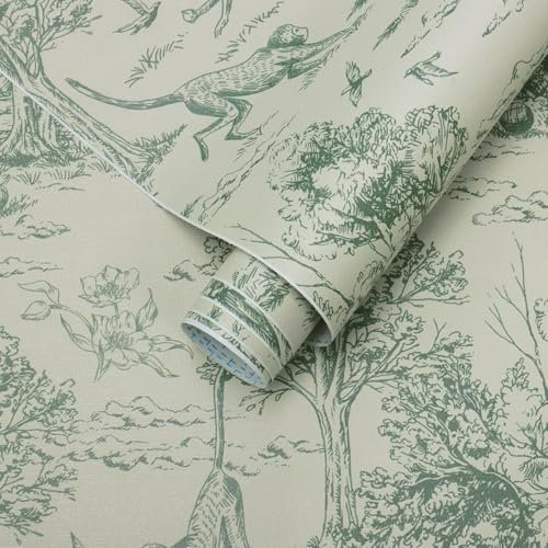 Timeet Self Adhesive Wallpaper Forest Tree and Animal Pattern Peel and Stick Wallpaper Beige and Green Vinyl Film Sticky Back Wallpaper for Living Room Bedroom Wall Cabinet Shelf,41x300cm