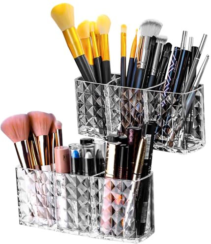 FAOKZE 2 Pièces Boîte Rangement Maquillage Organisateur,3 Compartiment Organisateur Pinceaux Rangement,Rangement Pinceaux Maquillage en Acrylique,pour Pinceaux, Eye-Liner, Rouge à Lèvres (Transparent)