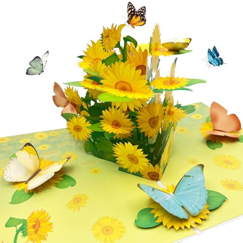 Hierein Pop Up Karte, Schöne Sonnenblumen und Schmetterlinge Geburtstagskarte Frau mit Umschlag, Exquisite Geburtstagskarte 3D für Mutter Ehefrau Freundin Tochter Freund Lehrerin, Ruhestandskarte