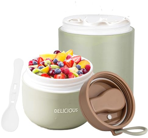 Chedin Müslibecher To Go mit Deckel, PP-Material Porridge Becher 730ml Auslaufsicher joghurtbecher to go mit löffel und Deckel,Doppelschicht Auslaufsicherer Einmachgläser perfekt für Arbeit (Grün)