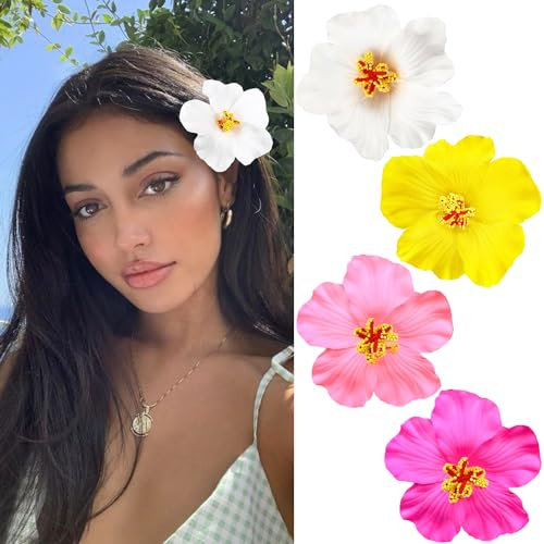 Ruzister 4 Stück Haarspangen mit hawaiianischen Blumen für Damen, Haarspangen mit Plumeria und Hibiskus, Kunstblumenspangen, Haarschmuck für Urlaub und Strandparty, Boho