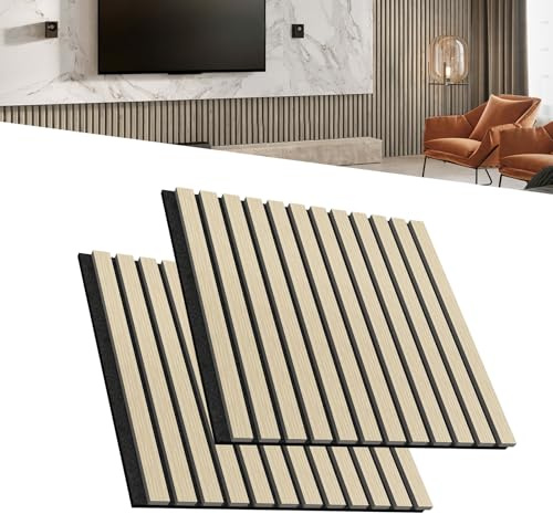 LZQ Akustikpaneele Echtholz Furnier 2er Set Wandverkleidung 60 x 60 cm Wandpaneele Lamellenwand Schalldämmung Holzpaneele Wand Akustikplatten Wanddekoration für Wohnzimmer Flur Büro (Holzfarbe)