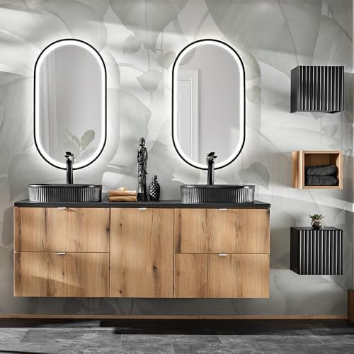 Lomadox Badezimmer Badmöbel Set 6-teilig, 160cm Doppelwaschtisch, in Eiche und schwarz, geringe Tiefe (40cm)