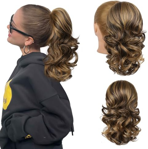 FLUFYMOOZ Ponytail Extension, 36 cm kurze Pferdeschwanz Extension mit Kordelzug für Damen weiches, natürliches, synthetisches Kordelzug Pferdeschwanz Haarteil-Schokolade Braun mit mittlerer Blonde