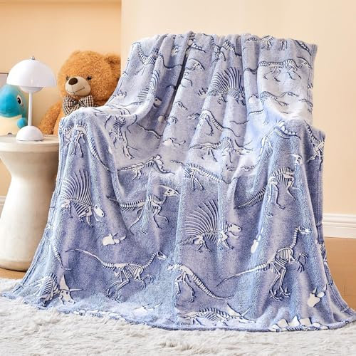 Wajade Kuscheldecke Kinder Glow in The Dark Decke Babydecke Flauschig Kuscheldecke Flanellstoff Wolldecke für Mädchen Junge Geburtstag Dinosaurier 130 * 150