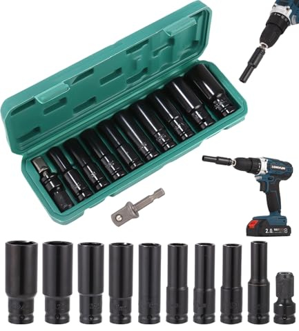 Goxiry Schlagschrauber Nüsse 11 Stück Langnuss Set mit Stecknuss Adapter und Verlängerungsstange Schlagschrauber Nüsse 1/2 Zoll Steckschlüsselsatz Stecknuss Set für Autoreparaturen Reifenwechsel