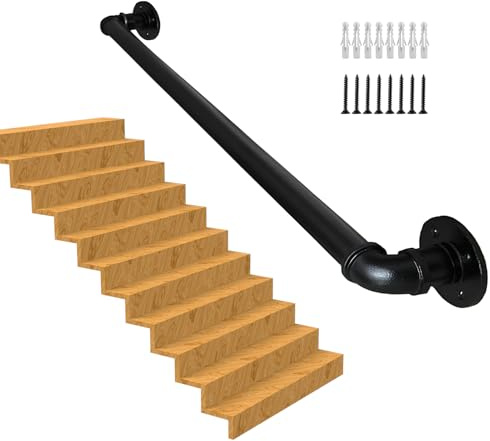 Handlauf Treppe, Rutschfester Treppengeländer Innen und Außen, Geländer Treppe Rohrförmiges Handfußgeländer,Wandhandlauf mit Zubehör Handlauf Schwarz Komplettset(black, 1M)