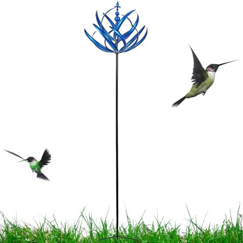 Birtern Molinillo de viento azul para jardín, molinillos de viento giratorios de metal, escultura de molino de viento para patio, jardín, adorno al aire libre, 20 x 90 cm