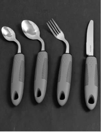 4 Stück Adaptives Besteckset, 42° Winkel Parkinson Besteck, 85g Gewichtetes Besteck, Gebogener Löffel mit rutschfestem Griff für Behinderte Menschen Parkinson Patienten Ältere Arthritis(Rechtshänder)