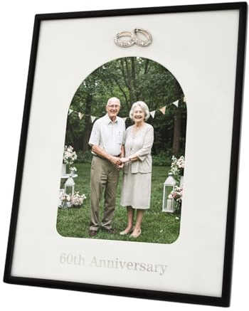Happy Homewares 60th Anniversary Matte Black Metal 5x7 Picture Frame with Diamante Rings | For Wall or Table | Silver Foil Lettering