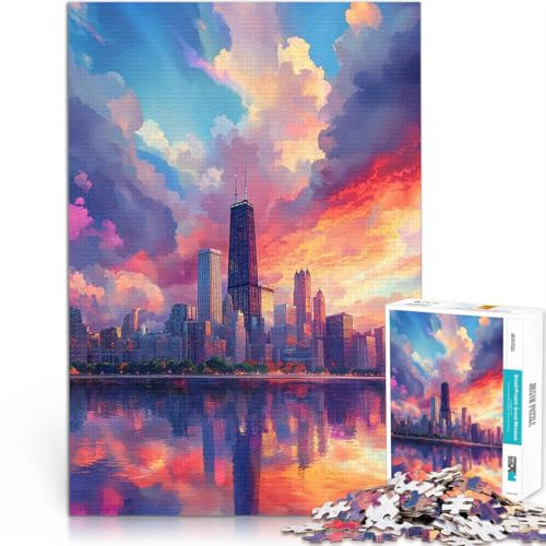 1000-teilige Puzzles für Teenager Spiele Spielzeug Geschenk Chicago Kunstmalerei mit vollständig ineinander greifenden, zufällig geformten Teilen52x38cm