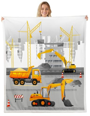Homemissing Bagger Decke 150x200cm Baufahrzeug Kuscheldecke Set Zeichentrickfahrzeug Baufahrzeug Fahrzeugdruck Wohndecke Set für Kinder Jungen Mädchen Atmungsaktiv Flanell Fleecedecke Weich Grau Gelb