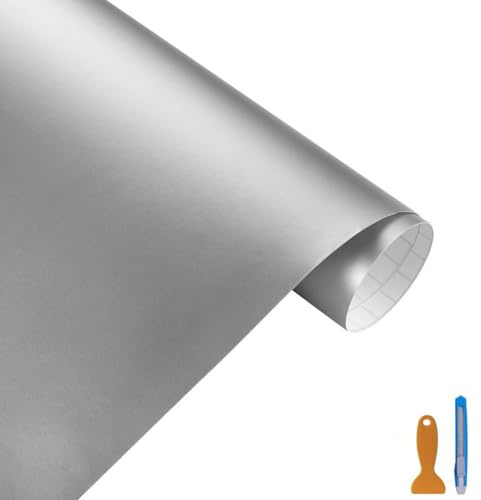 30×300cm Car Wrap Vinyl Film Set - Matte Silver Self Adhesive Vehicle Wrapping Film Bubble Free Scratch & UV Protection & Waterproof Car Body Wrap with Scraper Tool for Cars Motorcycles DIY Styling