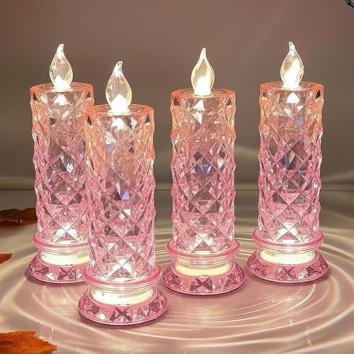 4 Stück Rose Shadow Led Flameless Candle Lights, LED Kristall Kerzenlichter, Flammenlose LED-Kerzen, Batteriebetrieben Romantische klare Stumpenkerzen Set für Weihnachten Hochzeit Tischdekor (Rosa)