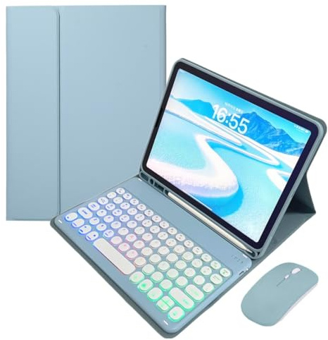 Keyboard Case Mouse for Galaxy Tab A8 10.5 Case with 7 Colors Rainbow Backlit Retro Round Key Detachable Folio Keyboard Cover and Mouse Cute Candy Color,Mist Blue