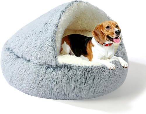 Crevice Calming Medium Size Dog Bed - 32x32 Inch Deluxe Plush Cozy Cave Dog Bed with Cover & Blanket, Built-in Support, Stable Non-Collapsing, Anti-Anxiety Soft Anti-Slip, Self Warming and Washable