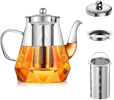 Teiera con filtro da 1000 ml, resistente al calore, in vetro con colino da tè, antigoccia e lavabile in lavastoviglie, teiera in vetro per tè sfuso, fiori di tè e tisane