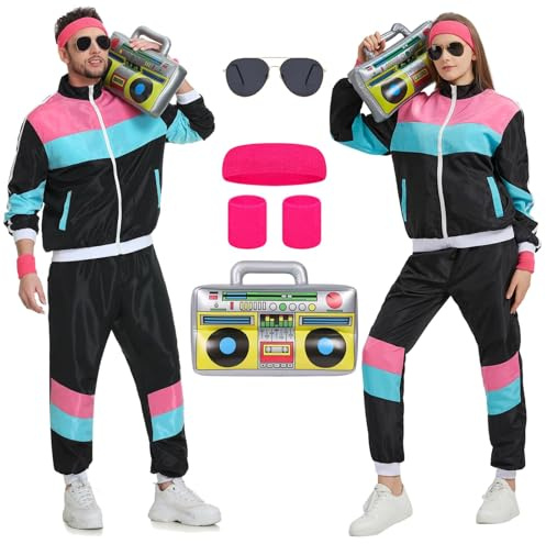 Ladhow 80er Jahre Trainingsanzu Herren Damen, 80er 90er Jahre Outfit für Herren Retro Windbreaker Set, 80er Jahre Trainingsanzug Jacke und Hose Anzug für Karneval (Schwarz, L)