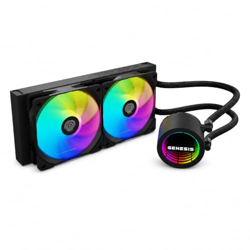 Genesis Hydria 240 ARGB AIO Wasserkühlung 240mm, 250W TDP, AM5, Schwarz | 240-mm-AIO-CPU-Kühler mit 2x 120-mm-PWM-FDB-Lüftern, ARGB-Beleuchtung, 80 CFM, 250 W TDP, Intel LGA 1851/1700, AMD AM5/