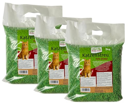 Denny BioAnimals® Tofu Katzenstreu 9 kg/24L (3 Säcke je 3 kg) – Schnell klumpend & staubfrei – 100% pflanzlich, biologisch abbaubar – Leichtes Klumpstreu, Geruchskontrolle, im WC entsorgbar.