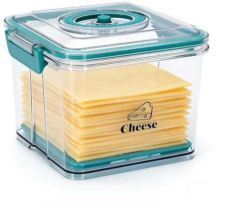 Punorric Cheese Storage 1.5L Clear Cheese Container for Fridge, Stackable Fridge Storage Box with Airtight Lid, Time Recording Food Container with Drain Tray for Chunks & Slices (Green)