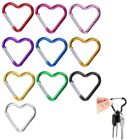 Set aus 10 herzförmigen Karabinerhaken aus Aluminiumlegierung, Bunte Schlüsselanhänger für Camping, Reisen und den täglichen Gebrauch, vielseitig, leicht und robust (Mehrfarbig)
