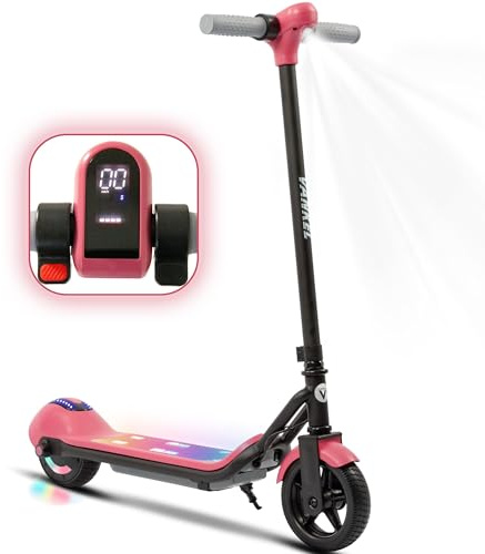 Elektroroller für Kinder, für 6-12 Jahre, 120 W, 3-8 km Autonomie, klappbar, EBS sorgt für einen Stopp, max. 14 km/h, bunte LED-Lichter, LED-Display, Geschwindigkeit 14 km/h (Rosa)