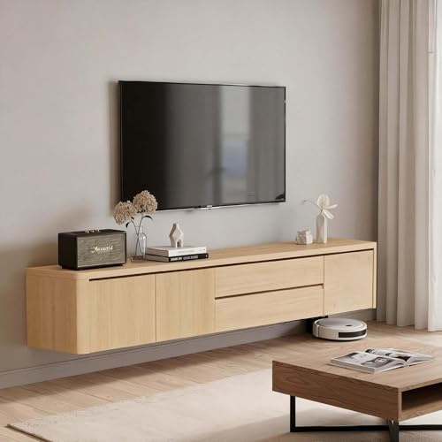 LineCrispton Floating TV Unit with Storage - Fully Assembled Modern 55 Inch TV stands for Living Room, 180cm Wooden Slim Console Table with Drawers in Beige Oak Finish