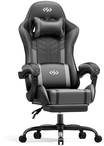 HLONONE Gaming Stuhl mit Massagefunktion, Ergonomischer Gaming Chair | Fußstütze, Kopfstütze und Massage Lendenkissen, Verstellbare Rückenlehne, für Homeoffice und Gaming, bis 150kg, Schwarz-Grau